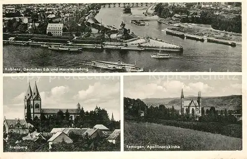 AK / Ansichtskarte Koblenz Rhein Deutsches Eck mit Moselmuendung Arenberg Kirche Remagen Apollinariskirche Kat. Koblenz