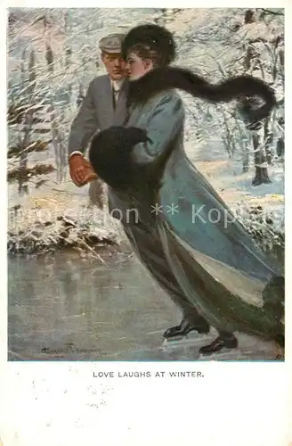 AK / Ansichtskarte Munk M. Wien Vienne Nr. 742 Love laughs at Winter Schlittschuhlaufen  Kat. Kuenstlerkarte