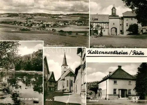 AK / Ansichtskarte Kaltennordheim Landschaftspanorama Rhoen Schlosshof Bahnhof Kirche Partie an der Felda Kat. Kaltennordheim