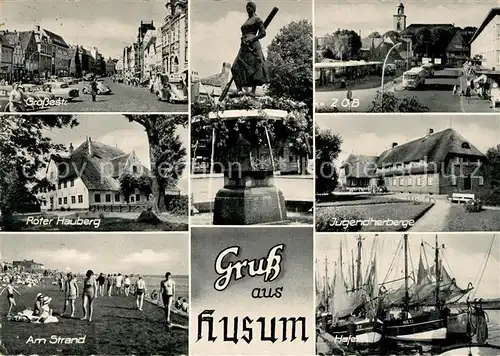 AK / Ansichtskarte Husum Nordfriesland Grossestrasse Roter Hauberg Strand Brunnen Statue Z.O.B. Busbahnhof Jugendherberge Hafen Fischkutter Kat. Husum