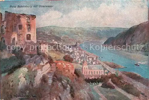 AK / Ansichtskarte Oberwesel Rhein Rheinpartie mit Burg Schoenberg Kuenstlerkarte Kat. Oberwesel am Rhein