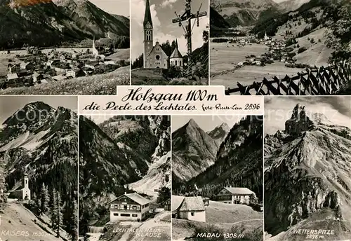 AK / Ansichtskarte Holzgau Landschaftspanorama Perle des Lechtals Alpenpanorama Kirche Kreuz Berghaus Kat. Holzgau