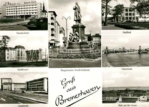AK / Ansichtskarte Bremerhaven Nordseehotel Stadttheater Lloydstrasse Buergermeister Smidt Denkmal Stadtbad Hafenmole Weser Kat. Bremerhaven