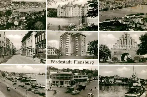 AK / Ansichtskarte Flensburg Teilansichten Foerdestadt Wasserschloss Tor Hafen Hochhaus Kat. Flensburg