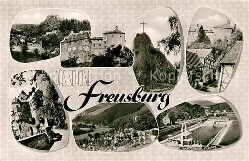 AK / Ansichtskarte Freusburg Teilansichten Schloss Landschaftspanorama Druidenstein Gipfelkreuz Freibad Kat. Kirchen (Sieg)