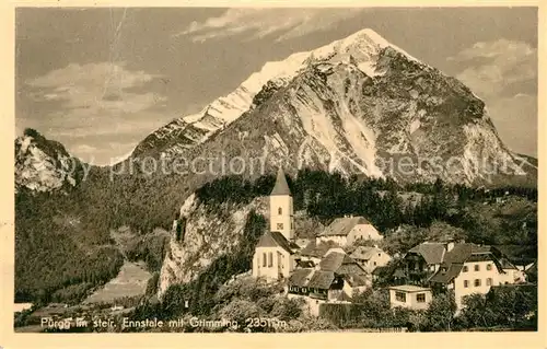 AK / Ansichtskarte Puergg Trautenfels Ortsansicht mit Kirche Blick zum Grimming Dachsteingebirge Kat. Puergg Trautenfels
