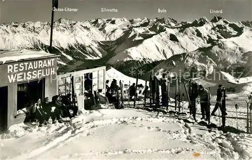 AK / Ansichtskarte Davos GR Bergrestaurant Weissfluh Blick gegen Silvrettagruppe Winterpanorama Kat. Davos