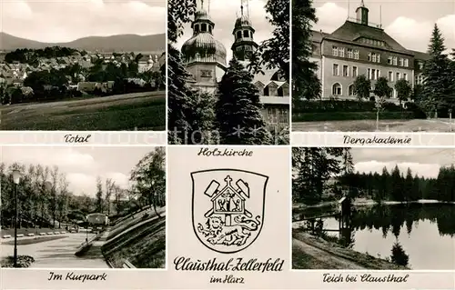 AK / Ansichtskarte Clausthal Zellerfeld Total Kurpark Konzertpavillon Holzkirche Bergakademie Teich Wappen Kat. Clausthal Zellerfeld