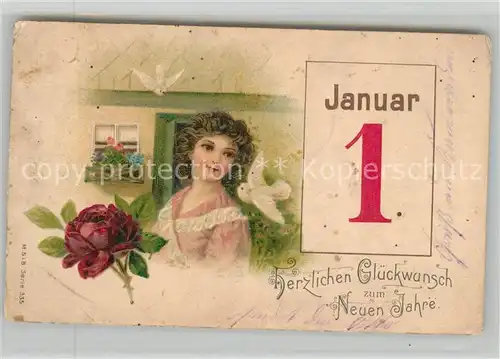 AK / Ansichtskarte Neujahr Frau Rose Tauben Litho  Kat. Greetings