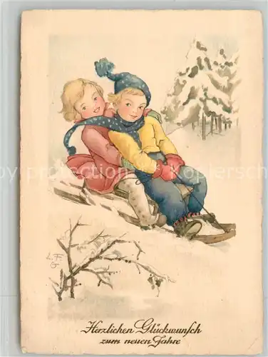 AK / Ansichtskarte Schlitten Schnee Kinder Zipfelmuetze Neujahr  Kat. Sport
