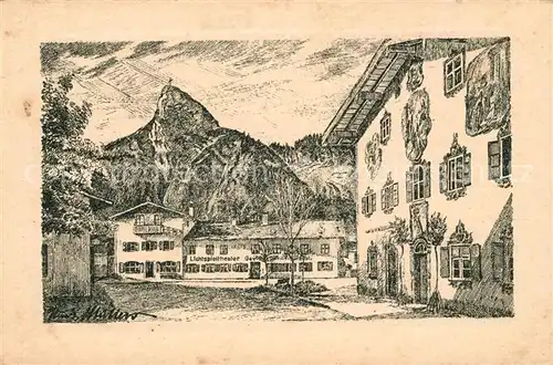 AK / Ansichtskarte Oberammergau Hauptstrasse nach Original Federzeichnung von Rudi Muellers Kuenstlerkarte Kat. Oberammergau