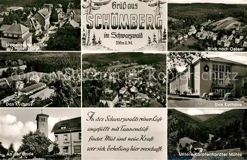 AK / Ansichtskarte Schoemberg Schwarzwald Liebenzeller Strasse Hotel Krone Kurhaus An der Linde Karpfenhardter Muehle Fliegeraufnahme Kat. Schoemberg