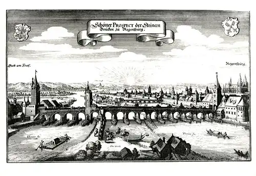 AK / Ansichtskarte Regensburg um 1657 Steinerne Bruecken nach Kupferstich von Matthaeus Merian Kuenstlerkarte Kat. Regensburg