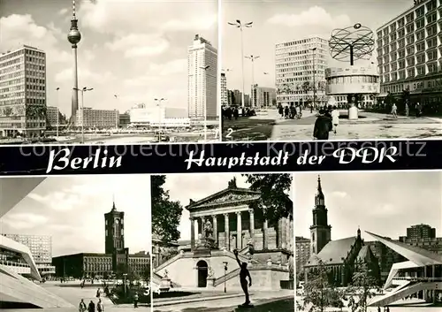 AK / Ansichtskarte Berlin Alexanderplatz Uraniasaeule Weltzeituhr Haus des Lehrers Rathaus Nationalgalerie Ausstellungszentrum Fernsehturm Marienkirche Hauptstadt der DDR Kat. Berlin