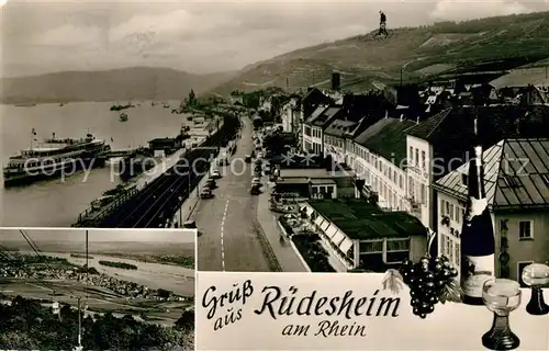 AK / Ansichtskarte Ruedesheim Rhein Uferstrasse Dampfer Anleger Bergbahn Weinflasche Weinglaeser Kat. Ruedesheim am Rhein
