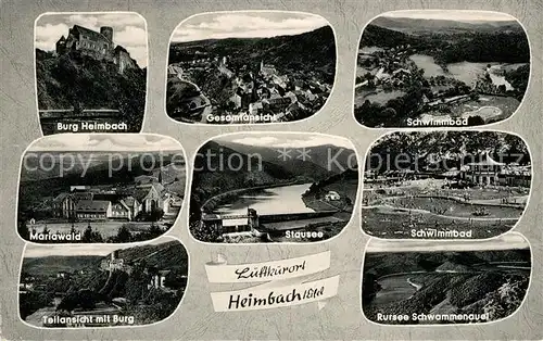 AK / Ansichtskarte Heimbach Eifel Gesamtansicht Burg Schwimmbad Mariawald Stausee Rursee Schwammenauel Fliegeraufnahme Kat. Heimbach