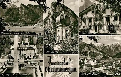 AK / Ansichtskarte Oberammergau Panorama Blick gegen Kofel Kirchturm Pilatushaus Koenigsschloss Linderhof Kloster Ettal Alpen Kat. Oberammergau