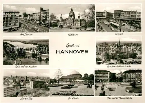 AK / Ansichtskarte Hannover Steintor Rathaus Kroepke Maschsee Marktkirche Fliegeraufnahme Bahnhofstrasse Stadthalle Lavesallee Kat. Hannover