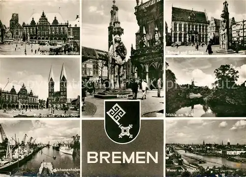 AK / Ansichtskarte Bremen Marktplatz Rathaus Roland Statue St Petri Dom Muehle ueberseehafen Weser und Altstadt Wappen Kat. Bremen