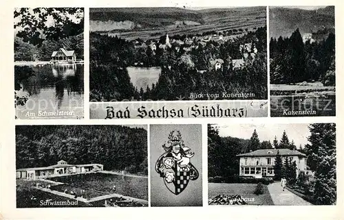 AK / Ansichtskarte Bad Sachsa Harz Schmelzteich Panorama Blick vom Katzenstein Schwimmbad Kurhaus Wappen Kat. Bad Sachsa
