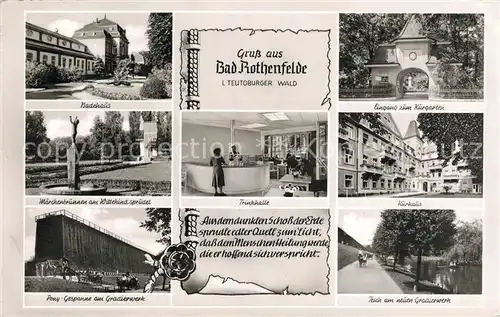 AK / Ansichtskarte Bad Rothenfelde Badehaus Maerchenbrunnen Wittekind Sprudel Ponygespann Gradierwerk Kurgarten Kurhaus Teich Trinkhalle Kat. Bad Rothenfelde