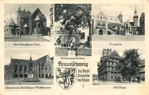 AK / Ansichtskarte Braunschweig Dom Heinrichs des Loewen Altstadtmarkt Rathaus Till Eulenspiegel Brunnen Burgplatz Alte Waage Wappen Kat. Braunschweig