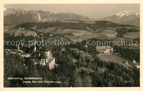 AK / Ansichtskarte Semmering Niederoesterreich Suedbahnhotel gegen Rax und Schneeberg Fliegeraufnahme Kat. Semmering