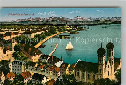 AK / Ansichtskarte Friedrichshafen Bodensee Panorama mit Alpen Kirche Kat. Friedrichshafen