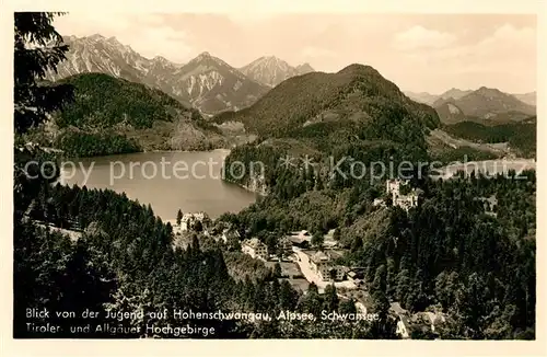 AK / Ansichtskarte Hohenschwangau Panorama Blick von der Jugend Alpsee Schwansee Schloss Tiroler und Allgaeuer Hochgebirge Kat. Schwangau