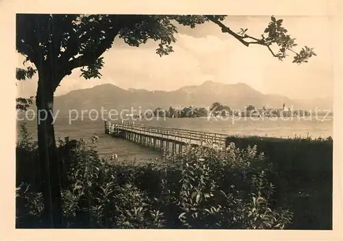 AK / Ansichtskarte Chiemsee Uferpartie am See Steg Fraueninsel Chiemgauer Alpen Kat. Chiemsee