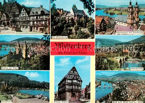 AK / Ansichtskarte Miltenberg Main Schnatterloch Miltenburg Marktplatz Pfarrkirche Mainbruecke Golfplatz Hotel Riesen Fachwerkhaus Fliegeraufnahme Kat. Miltenberg