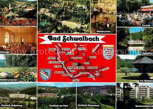 AK / Ansichtskarte Bad Schwalbach Teilansichten Kurort Weinbrunnen Kurpark Waldsee Kurklinik Kat. Bad Schwalbach