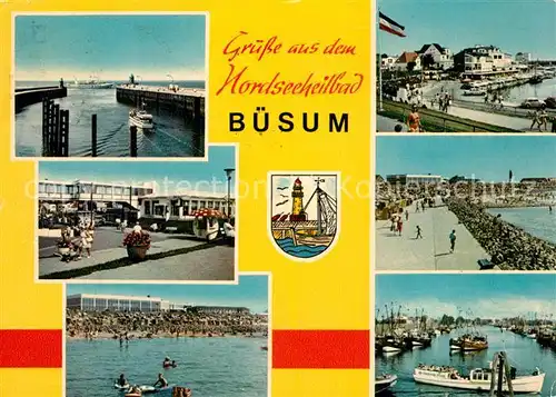 AK / Ansichtskarte Buesum Nordseebad Hafen Mole Badestrand Promenade Wappen Kat. Buesum