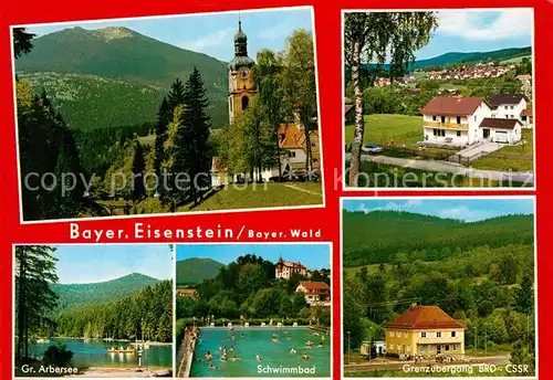 AK / Ansichtskarte Bayrisch Eisenstein Grosser Arbersee Schwimmbad Grenzuebergang Panorama Kirche Kat. Bayerisch Eisenstein