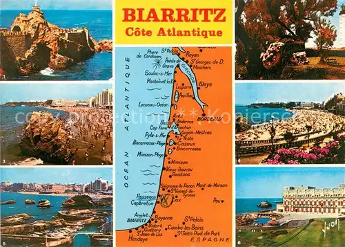 AK / Ansichtskarte Biarritz Pyrenees Atlantiques Rocher de la Vierge Le Phare La Plage La Ville et le Port des Pecheurs Hotel du Palais et sa Piscine Kat. Biarritz