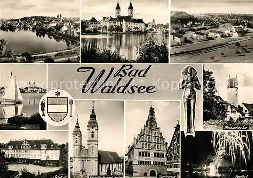 AK / Ansichtskarte Bad Waldsee Stadtsee Kirche Fliegeraufnahme Wurzacher Tor Seefest Rathaus Schloss Bromsilber Kat. Bad Waldsee