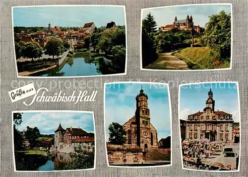 AK / Ansichtskarte Schwaebisch Hall Partie am Fluss Schloss Kirche Rathaus Marktplatz Kat. Schwaebisch Hall