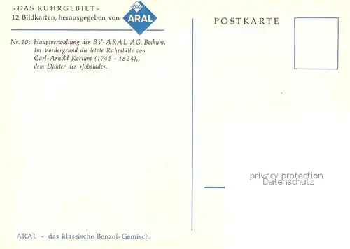 AK / Ansichtskarte Bochum Hauptverwaltung der VA Aral AG Grabstaette Carl Arnold Kortum Serie Das Ruhrgebiet 12 Bildkarten von Aral Nr 10 Kuenstlerkarte Kat. Bochum