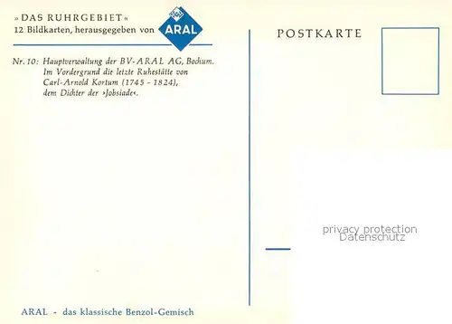 AK / Ansichtskarte Bochum Hauptverwaltung der BV Aral AG Grabstaette Carl Arnold Kortum Serie Das Ruhrgebiet 12 Bildkarten von Aral Nr 10 Kuenstlerkarte Kat. Bochum