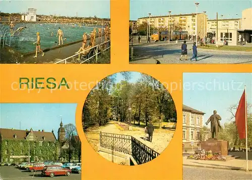 AK / Ansichtskarte Riesa Sachsen Schwimmbad Busendhaltestelle Rathaus Stadtpark Lenindenkmal Kat. Riesa