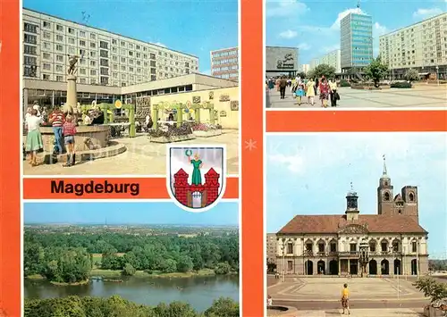 AK / Ansichtskarte Magdeburg Eulenspiegelbrunnen Karl Marx Strasse Blick vom Aussichtsturm Kulturpark Rotehorn Rathaus Kat. Magdeburg