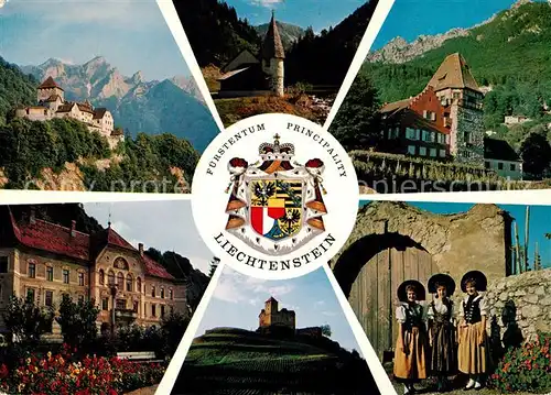AK / Ansichtskarte Liechtenstein  Staatswappen Schloss Vaduz Kapelle Steg Rotes Haus Regierung Schloss Gutenberg Nationaltracht Kat. Liechtenstein