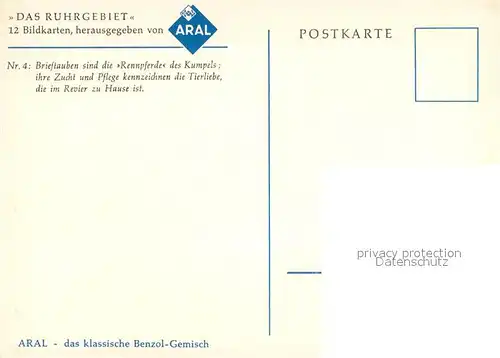 AK / Ansichtskarte Werbung Reklame Aral Kuenstlerkarte Ruhrgebiet Brieftauben  Kat. Werbung