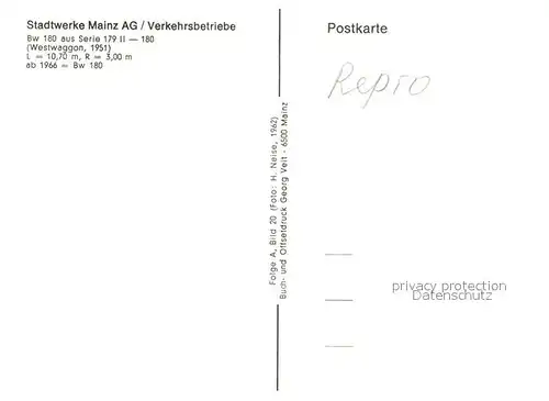 AK / Ansichtskarte Strassenbahn Bw 180 Mainz  Kat. Strassenbahn