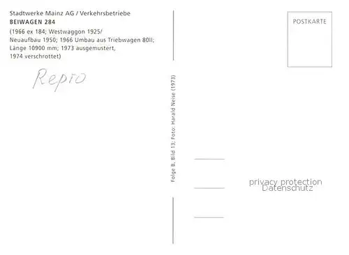 AK / Ansichtskarte Strassenbahn Beiwagen 284 Mainz  Kat. Strassenbahn