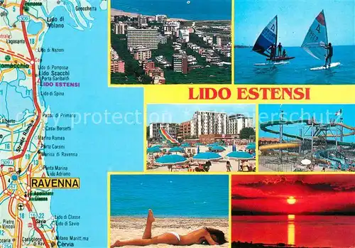 AK / Ansichtskarte Lido degli Estensi Fliegeraufnahme Surfen Strand Jahrmarkt Sonnenuntergang