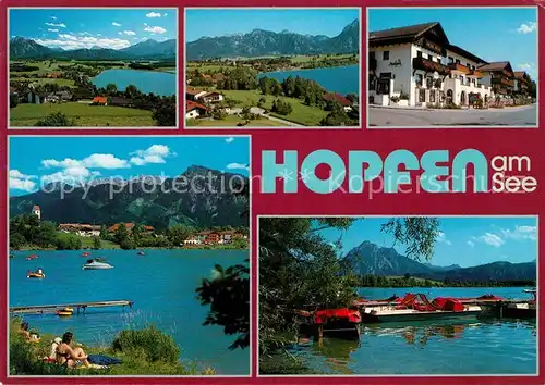 AK / Ansichtskarte Hopfen See Landschaftspanorama Alpen Badestrand Bootssteg Kat. Fuessen