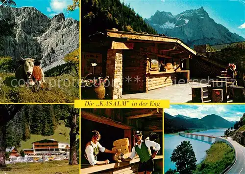 AK / Ansichtskarte Eng Hinterriss Tirol Alpengasthof Alpencafe Eng Grosser Ahornboden Karwendelgebirge Almvieh Kuh Bruecke