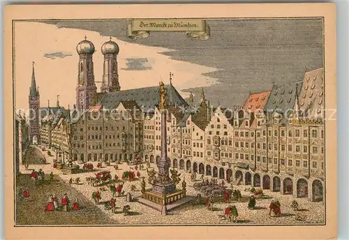 AK / Ansichtskarte Muenchen Markt Frauemkirche Kuenstlerkarte Merian 1645 Kat. Muenchen