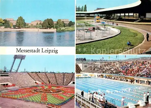 AK / Ansichtskarte Leipzig Elsterbecken Deutsche Hochschule Alfred Rosch Kampfbahn Zentralstadion Schwimmstadion Messestadt Kat. Leipzig